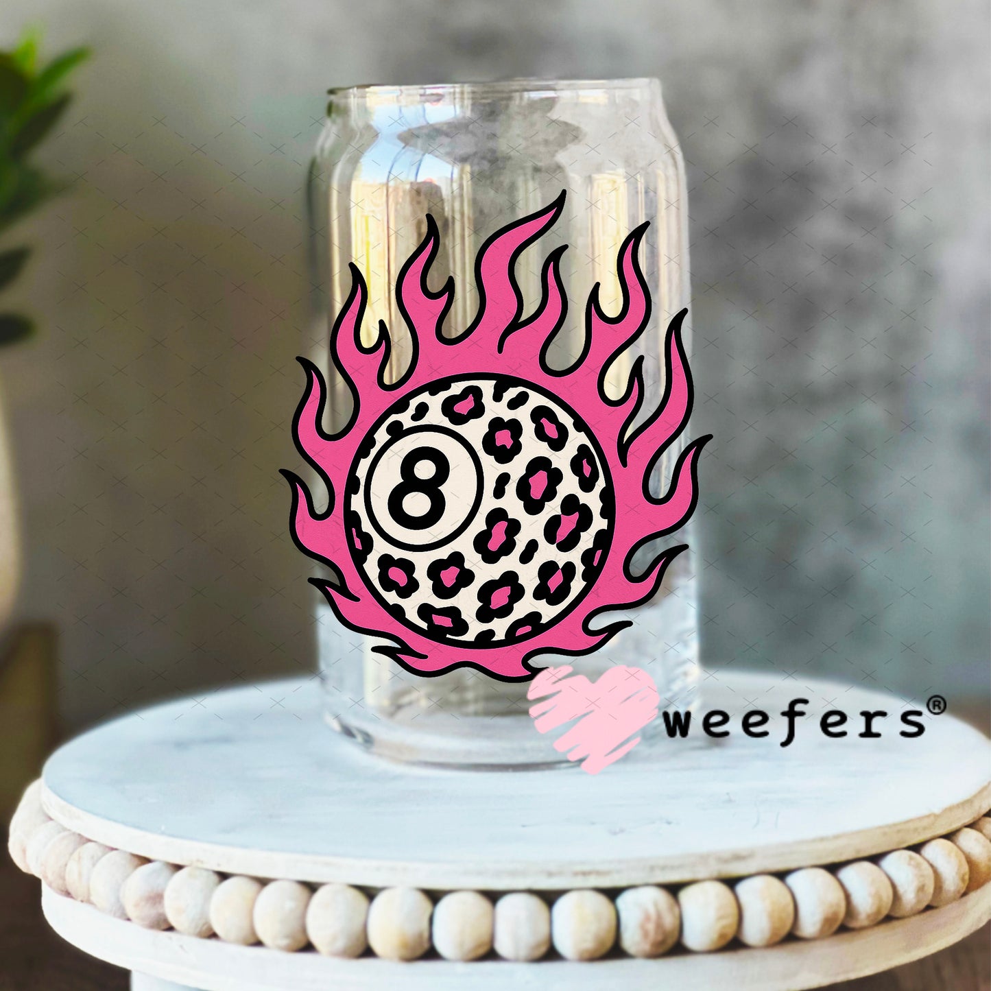 UV DTF Decal - Pink Flame Cheetah 8 Ball 16oz Libbey Glass Original Size Weefers