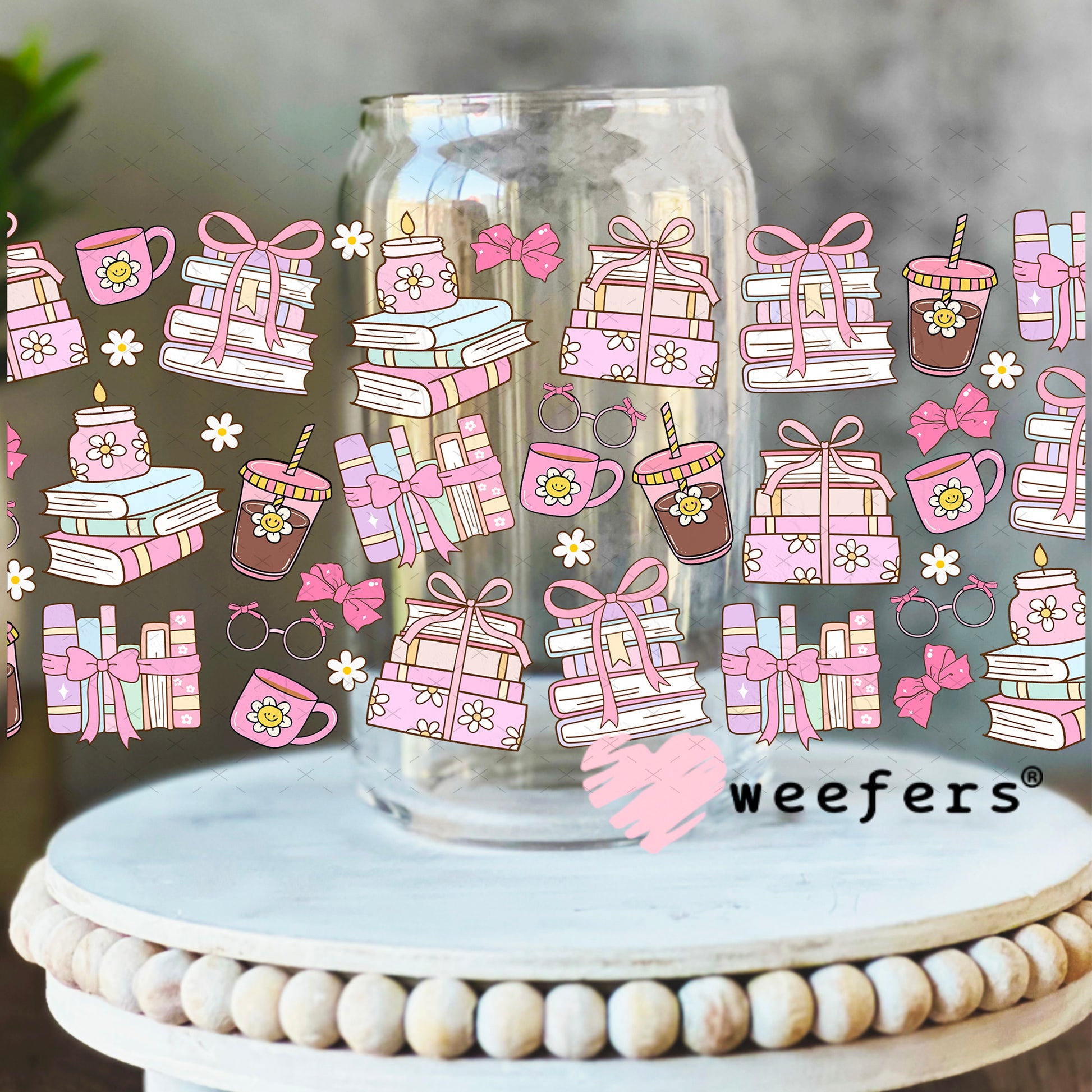 UV DTF Cup Wrap – Pink Books and Coffee 16oz Libbey Glass Original Size Weefers