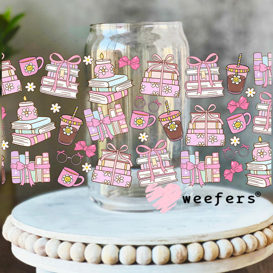 UV DTF Cup Wrap – Pink Books and Coffee 16oz Libbey Glass Original Size Weefers