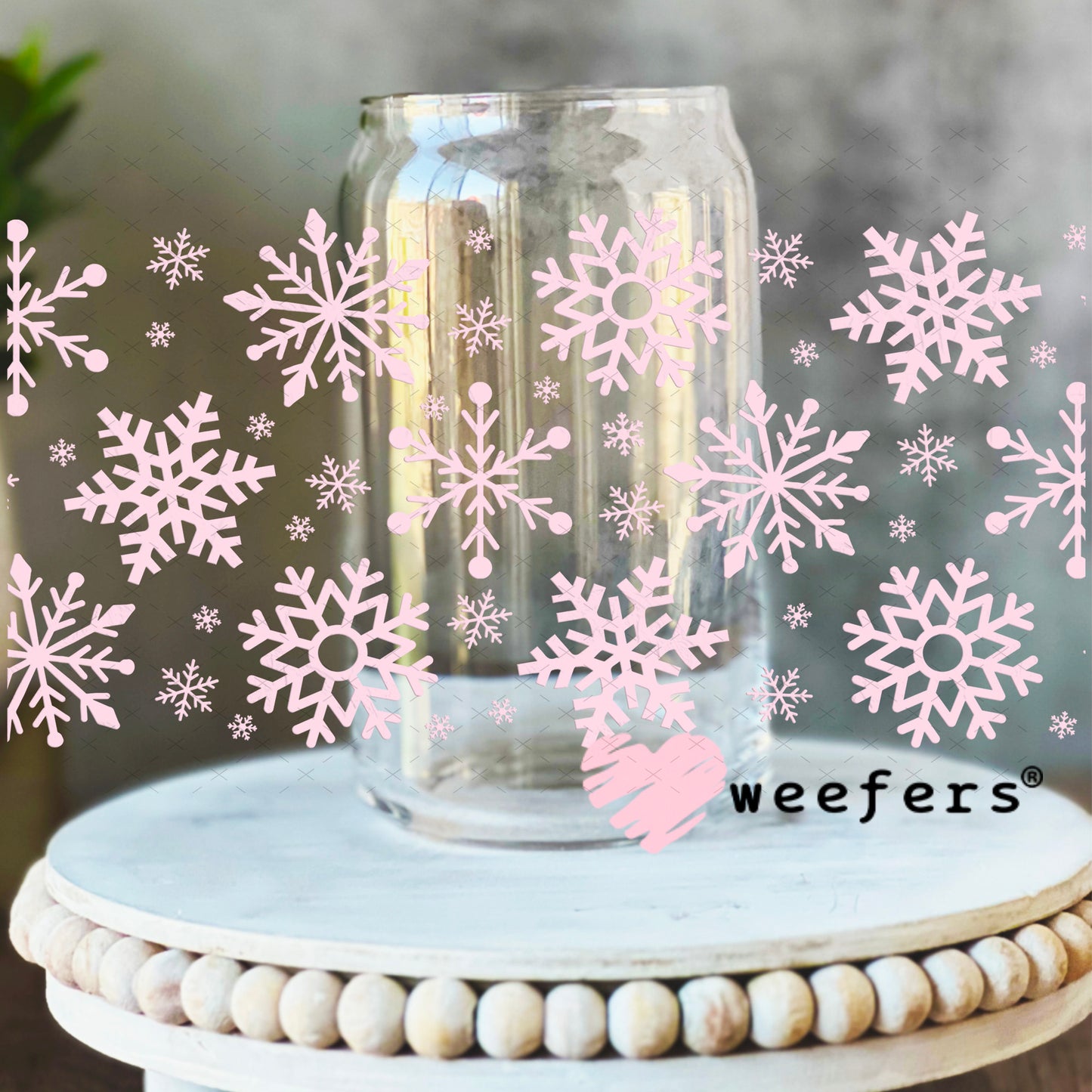 UV DTF Cup Wrap – Christmas Pink Snowflakes 16oz Libbey Glass Original Size Weefers