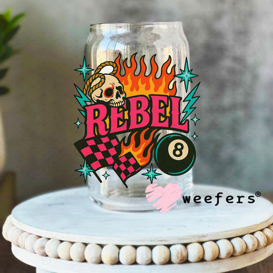 UV DTF Decal - Rebel Flames and Eightball 16oz Libbey Glass Original Size Weefers