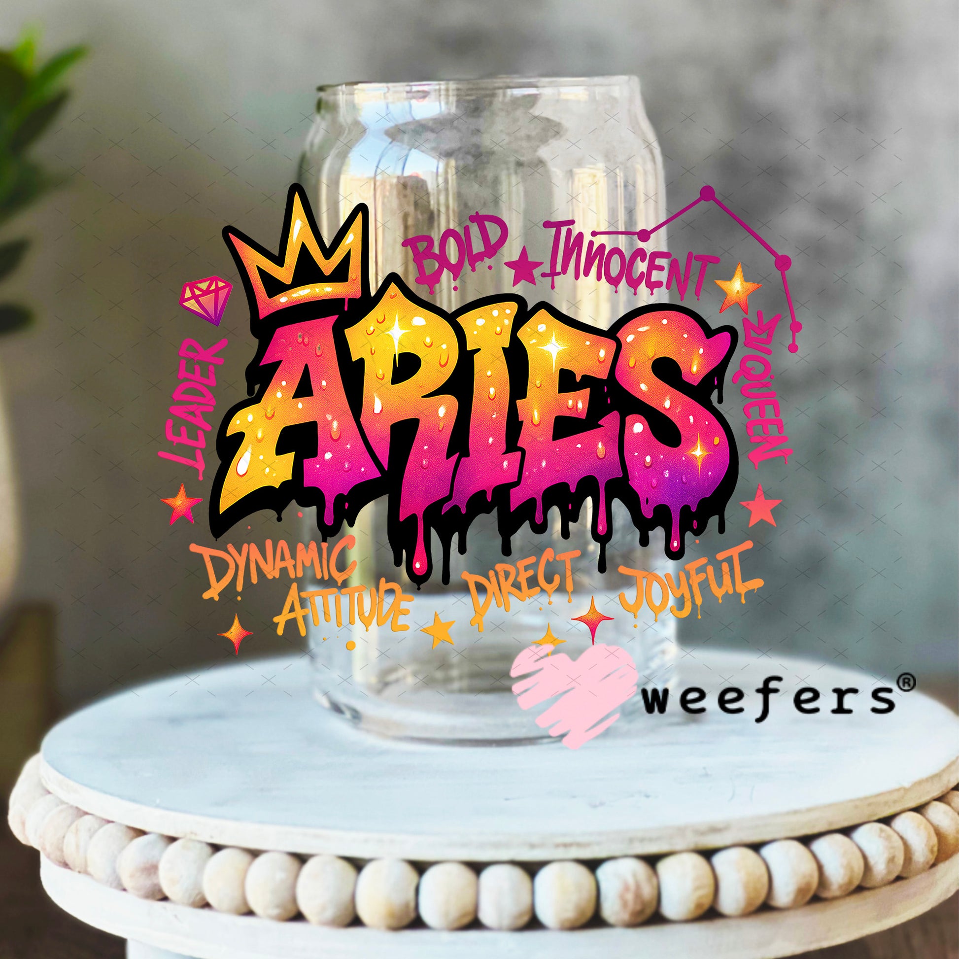 UV DTF Decal - Aries Zodiac Sign 16oz Libbey Glass Original Size Weefers