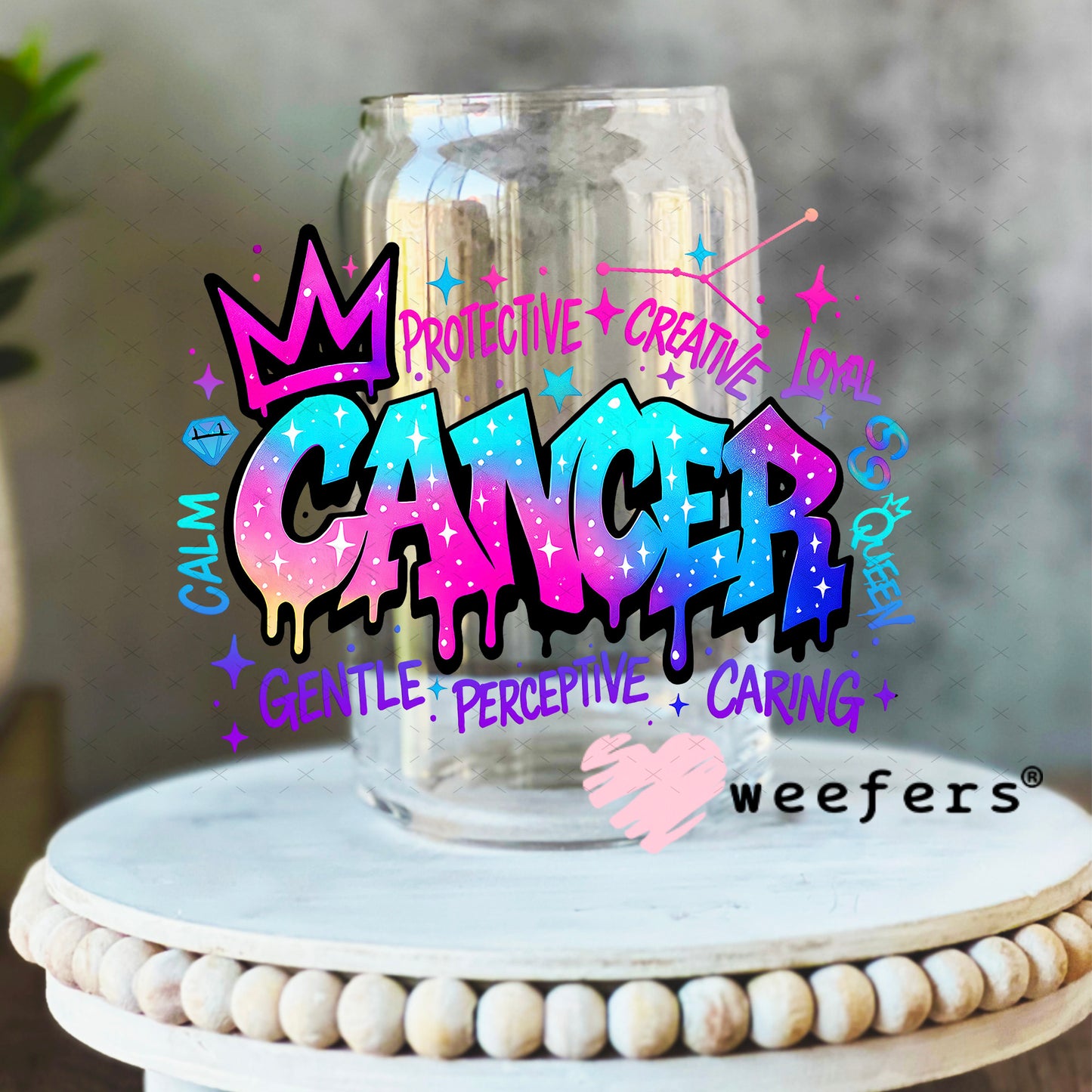 UV DTF Decal - Cancer Zodiac Sign 16oz Libbey Glass Original Size Weefers