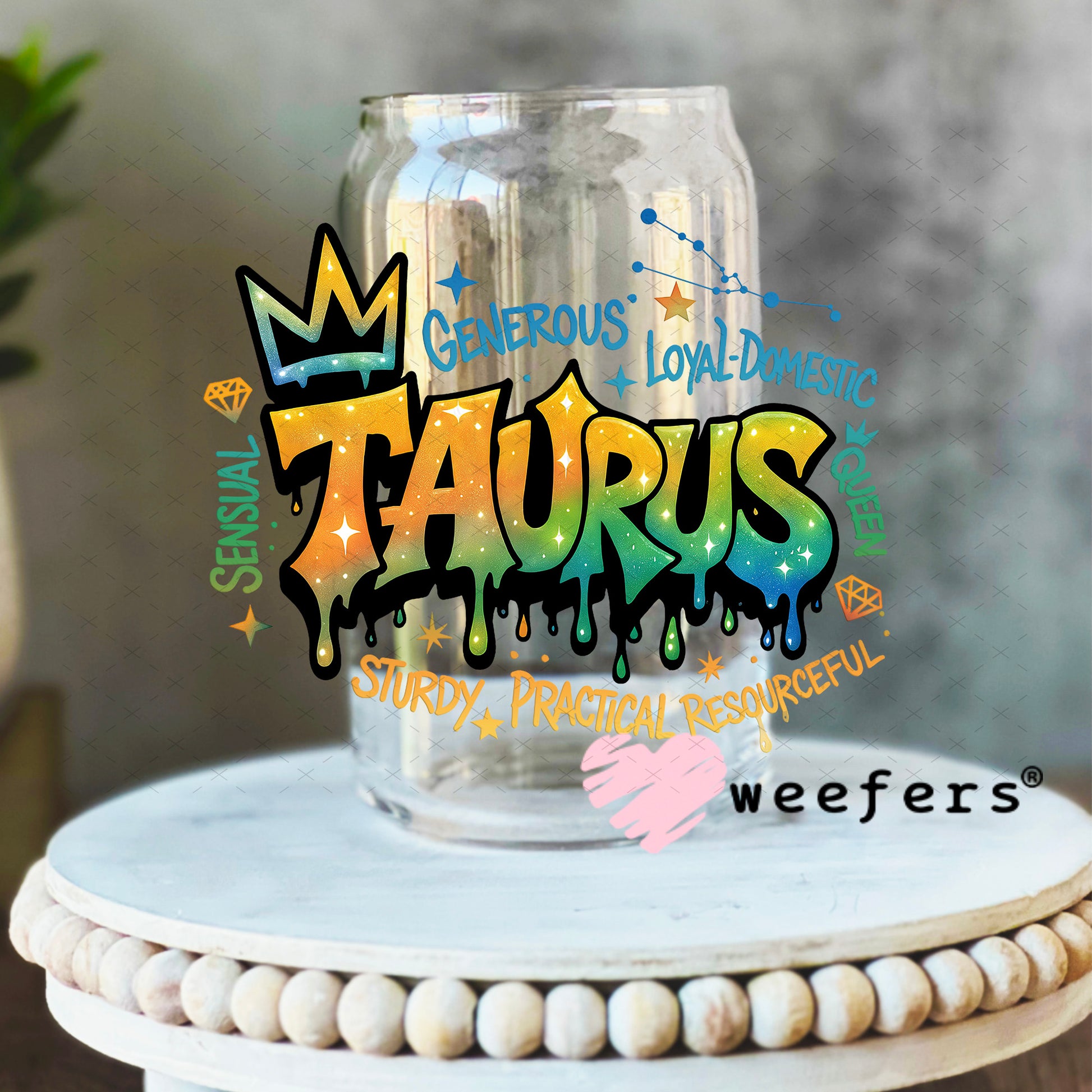 UV DTF Decal - Taurus Zodiac Sign 16oz Libbey Glass Original Size Weefers
