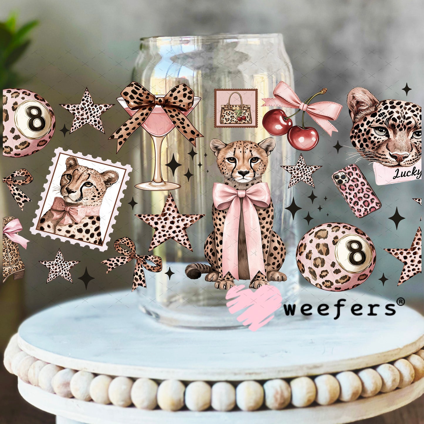 UV DTF Cup Wrap – Rose gold Cheetahs - Weefers Exclusive 16oz Libbey Glass Original Size Weefers