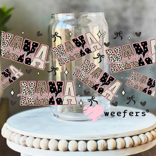 UV DTF Cup Wrap – Nana Cheetah Print - Weefers Exclusive 16oz Libbey Glass Original Size Weefers