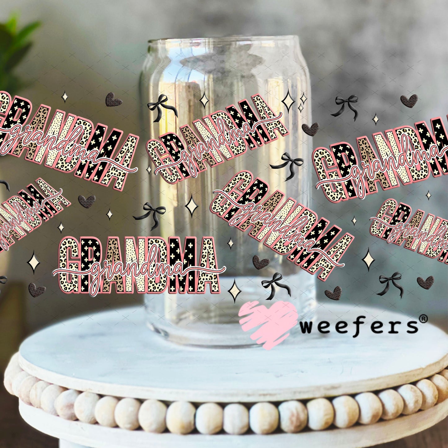 UV DTF Cup Wrap – Grandma Cheetah Print - Weefers Exclusive 16oz Libbey Glass Original Size Cup Wrap Weefers