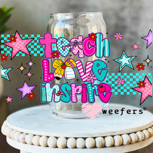 UV DTF Cup Wrap – Preppy Teach Love Inspire- Weefers Exclusive 16oz Libbey Glass Original Size Weefers
