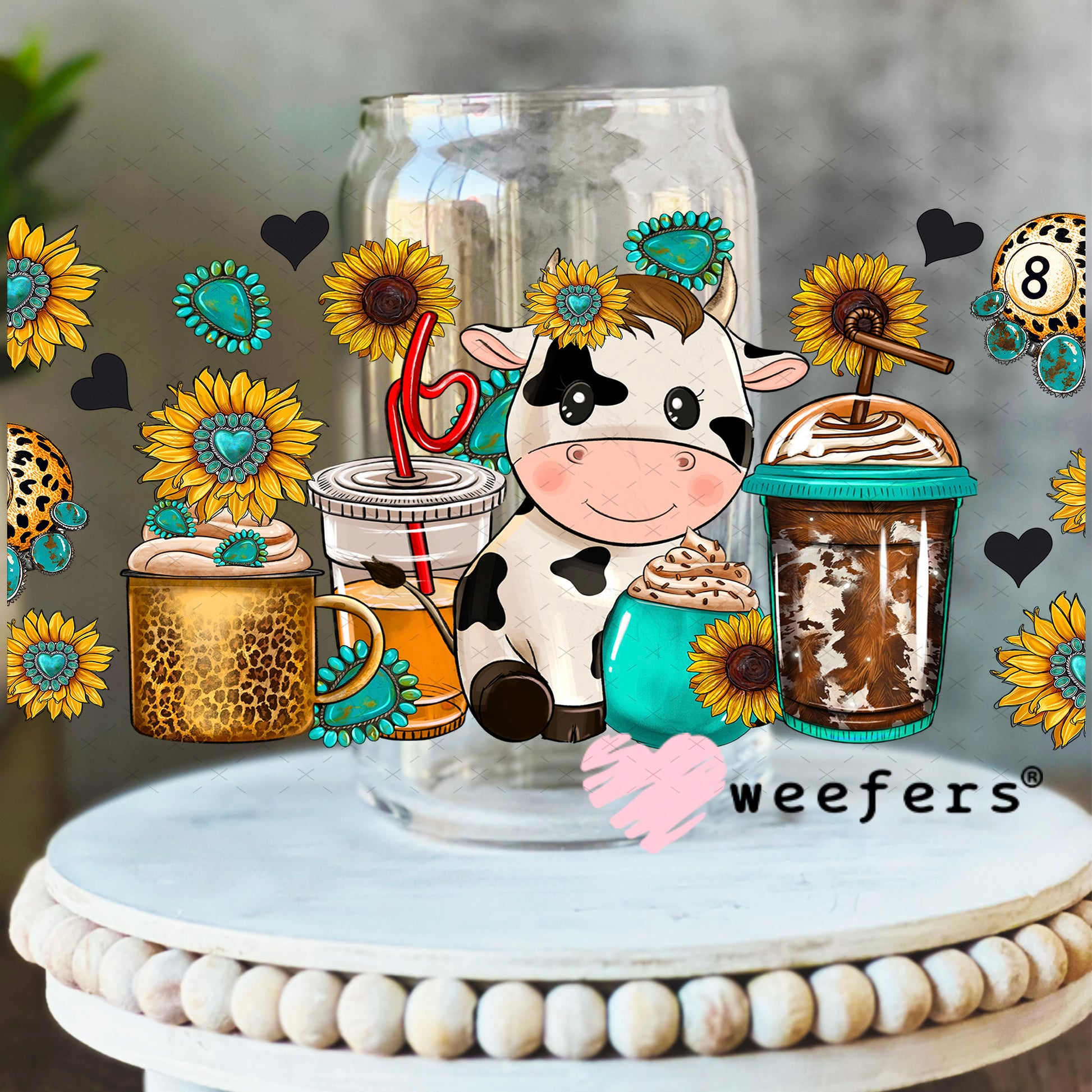 UV DTF Cup Wrap – Cow Coffee and Sunflowers- Weefers Exclusive 16oz Libbey Glass Original Size Weefers