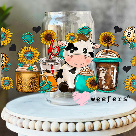 UV DTF Cup Wrap – Cow Coffee and Sunflowers- Weefers Exclusive 16oz Libbey Glass Original Size Weefers