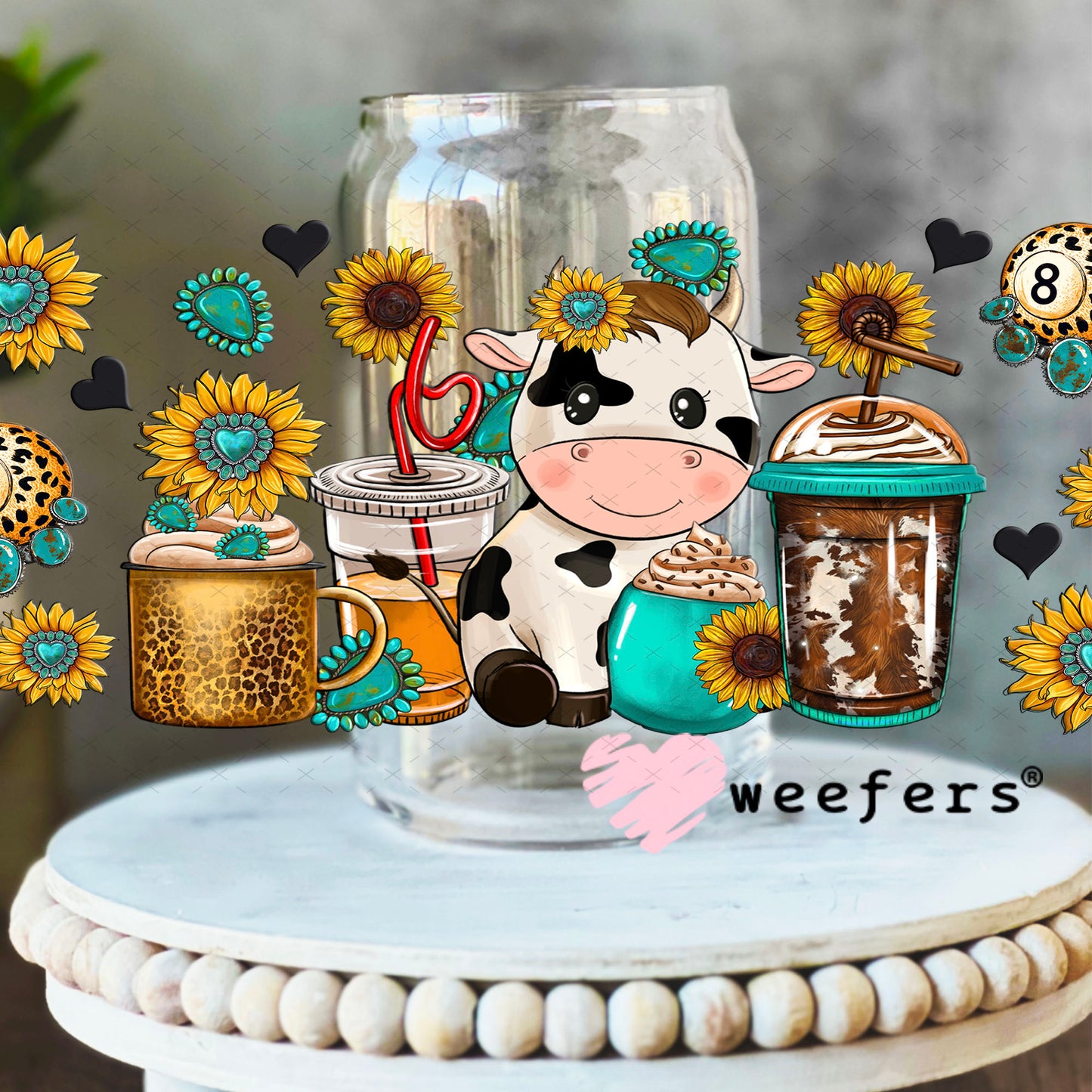 UV DTF Cup Wrap – Cow Coffee and Sunflowers- Weefers Exclusive 16oz Libbey Glass Original Size Cup Wrap Weefers