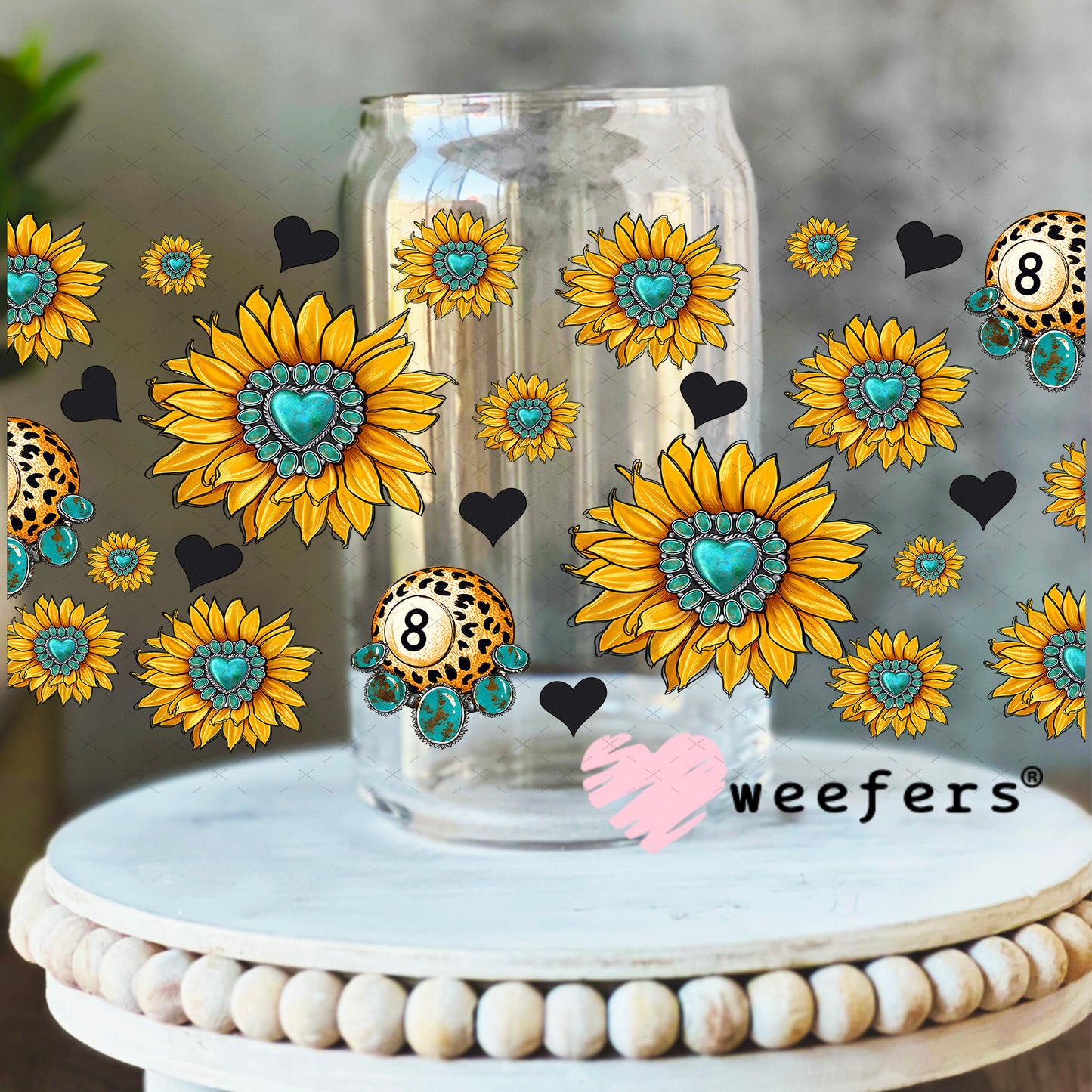 UV DTF Cup Wrap – Cow Coffee and Sunflowers Sidekick - Weefers Exclusive 16oz Libbey Glass Original Size Weefers