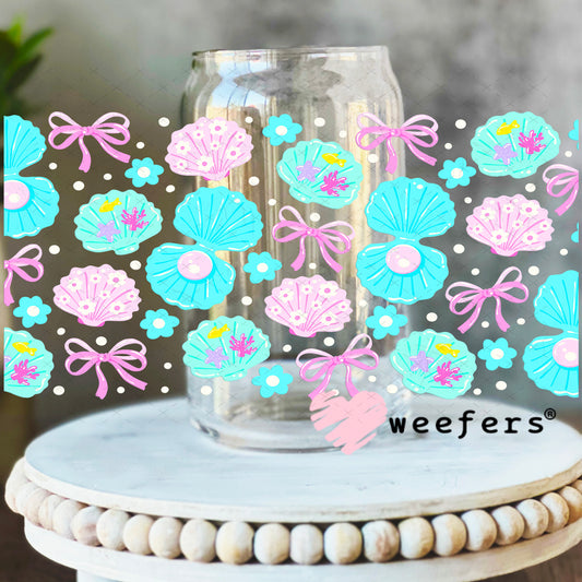 UV DTF Cup Wrap – Pink and Teal Seashells 16oz Libbey Glass Original Size Weefers