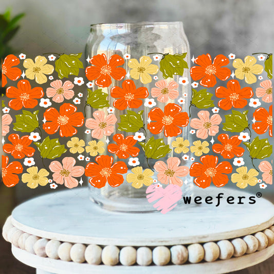 UV DTF Cup Wrap – Green and Coral Flowers 16oz Libbey Glass Original Size Weefers