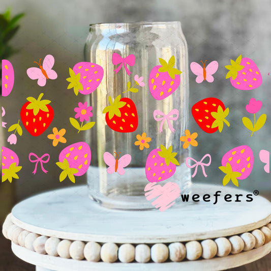 UV DTF Cup Wrap – Pink and Red Strawberries 16oz Libbey Glass Original Size Weefers