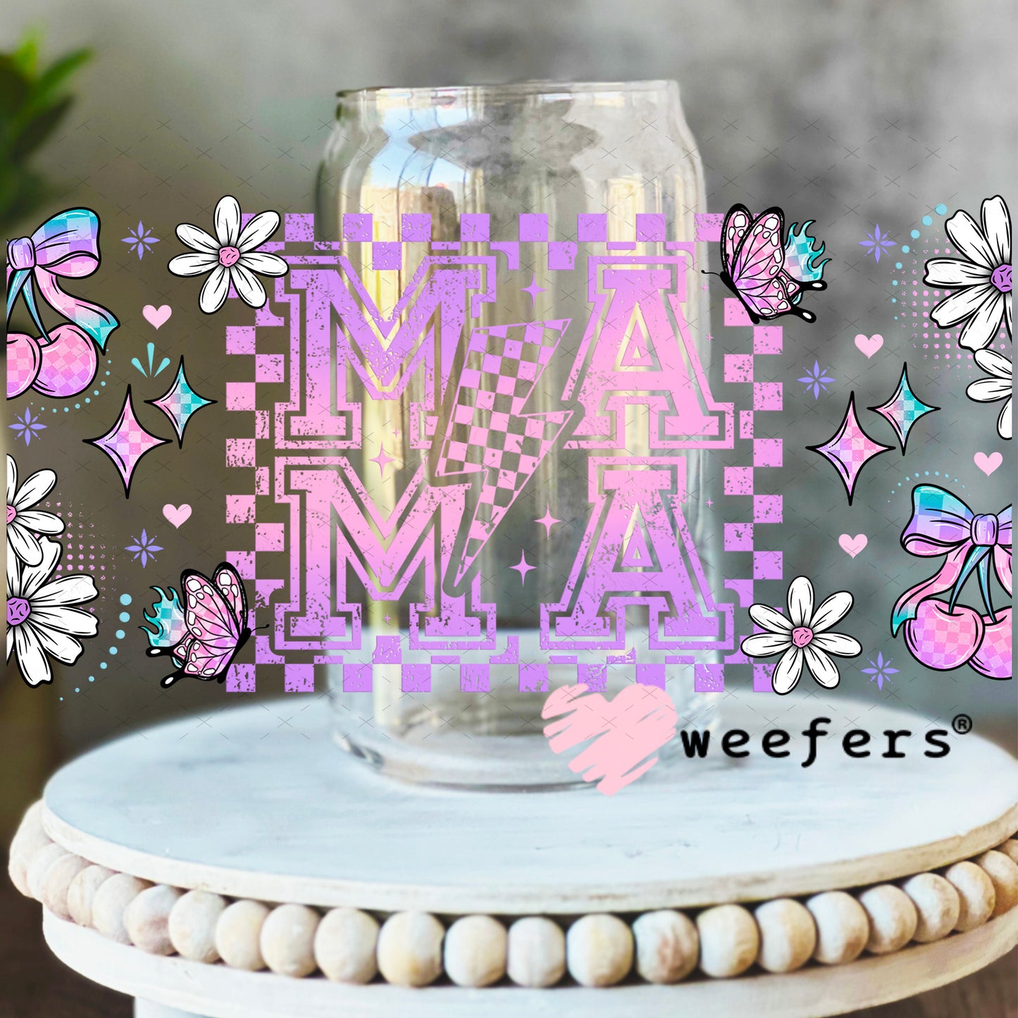 UV DTF Cup Wrap – Pink and Teal MaMa 16oz Libbey Glass Original Size Weefers