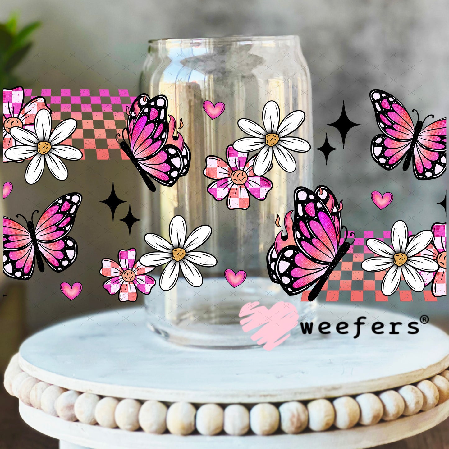 UV DTF Cup Wrap – Pink and Orange Butterflies 16oz Libbey Glass Original Size Weefers