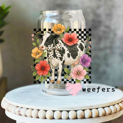 UV DTF Decal - Checkered Flower Cow 16oz Libbey Glass Original Size Weefers