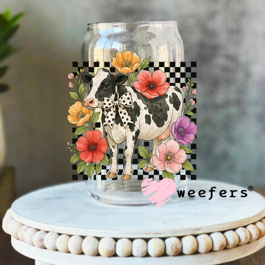 UV DTF Decal - Checkered Flower Cow 16oz Libbey Glass Original Size Weefers
