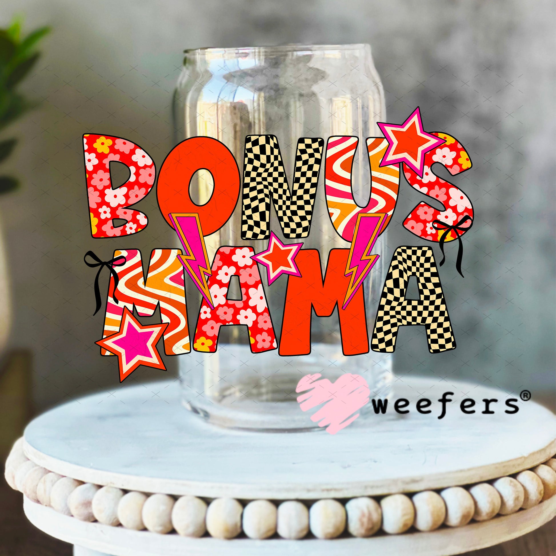 UV DTF Decal - Bonus Mama Red Orange Checkers 16oz Libbey Glass Original Size Weefers