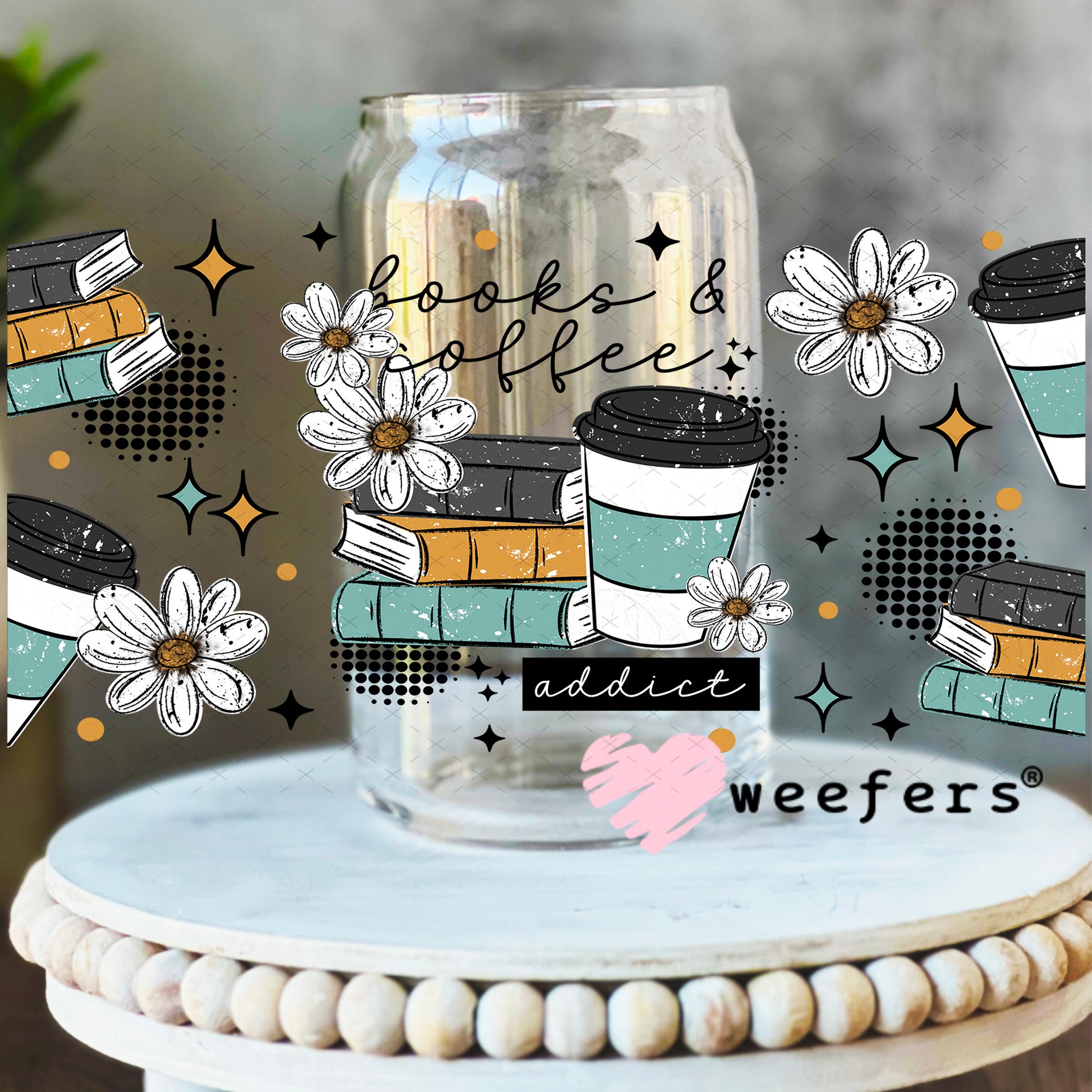 UV DTF Cup Wrap – Books and Coffee Addict 16oz Libbey Glass Original Size Weefers