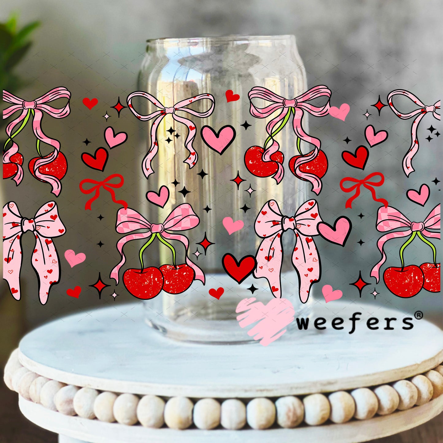 UV DTF Cup Wrap – Cherry Heart Bows 16oz Libbey Glass Original Size Weefers