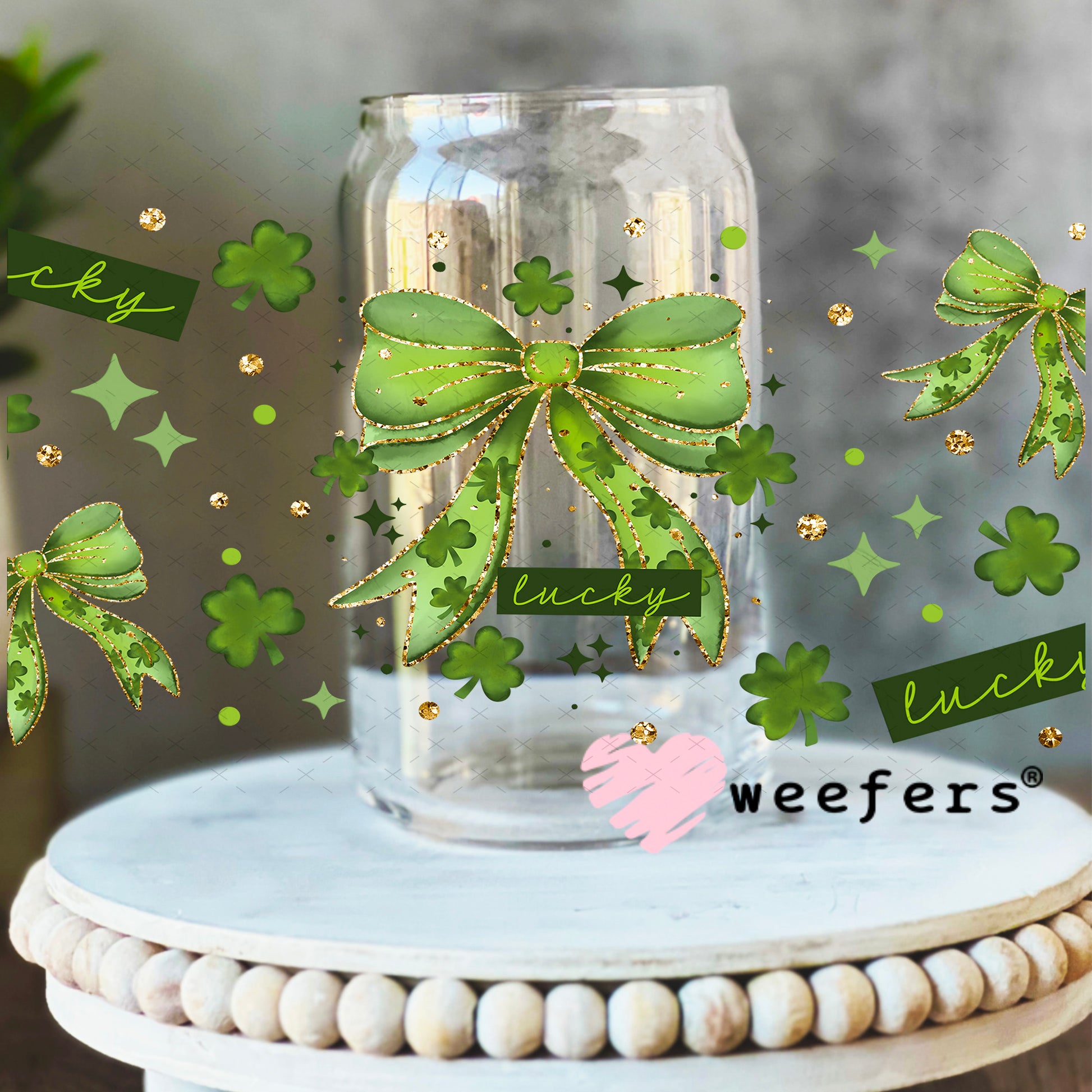 UV DTF Cup Wrap – Lucky Green Bow St. Patricks 16oz Libbey Glass Original Size Weefers