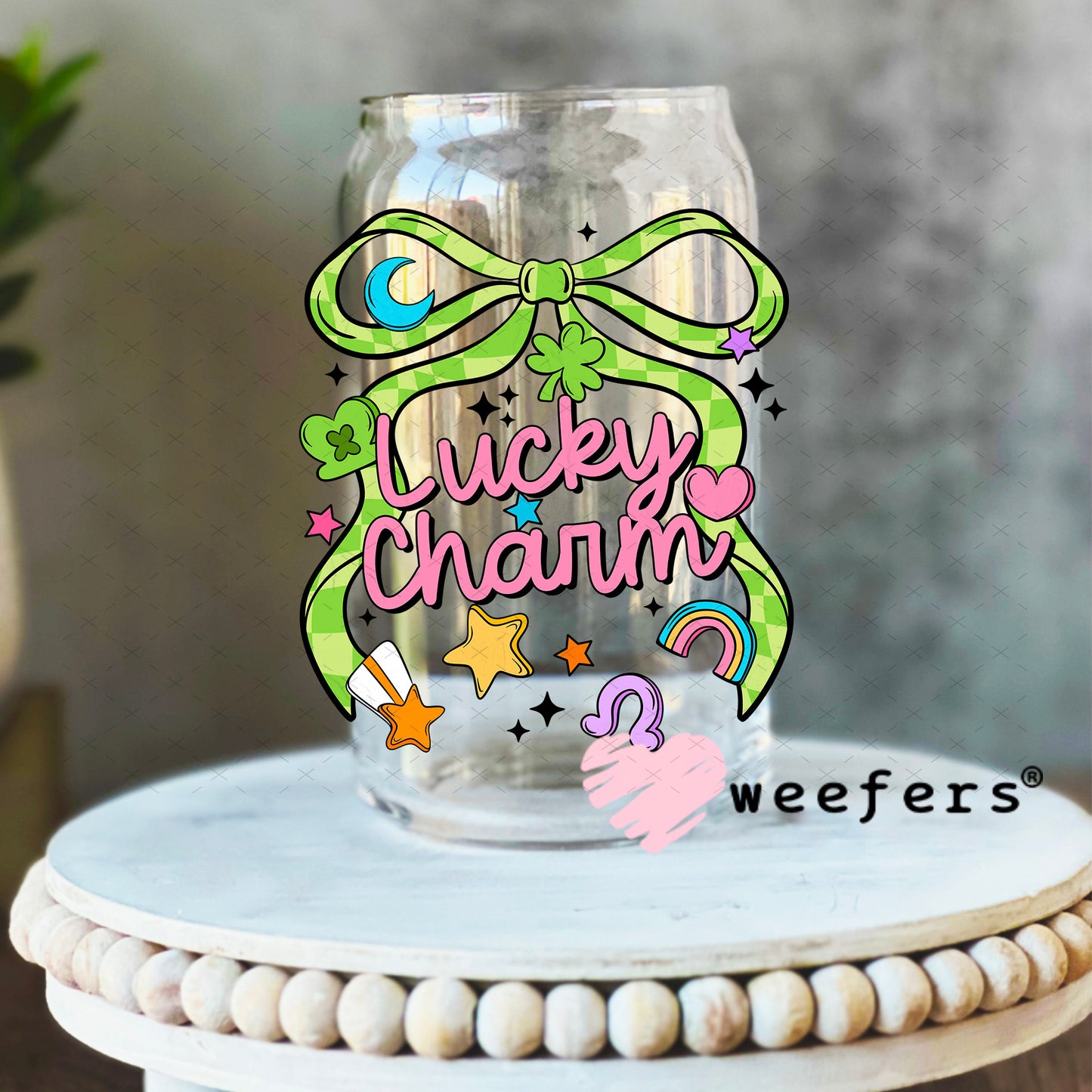 UV DTF Decal - Lucky Charm St Patrick's Day 16oz Libbey Glass Original Size Weefers