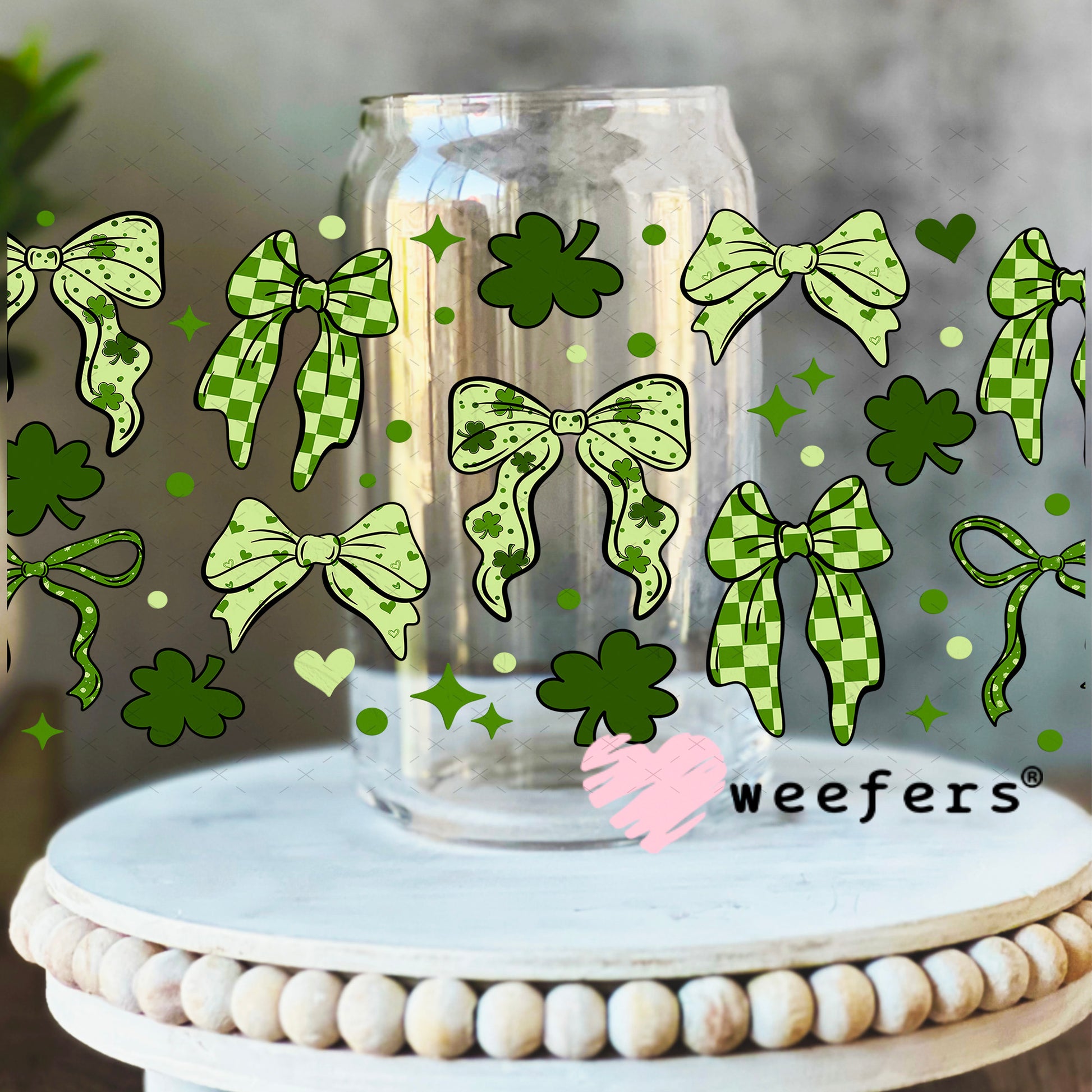 UV DTF Cup Wrap – Lucky Chevron Green Bows St. Patricks 16oz Libbey Glass Original Size Weefers