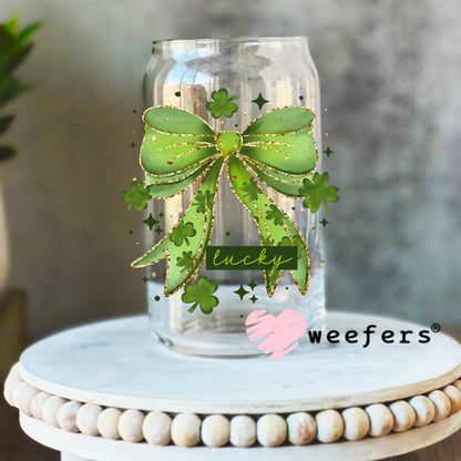 UV DTF Decal - Lucky Bow Patrick's Day 16oz Libbey Glass Original Size Weefers