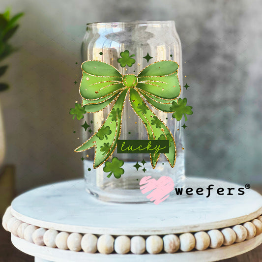 UV DTF Decal - Lucky Bow Patrick's Day 16oz Libbey Glass Original Size Weefers