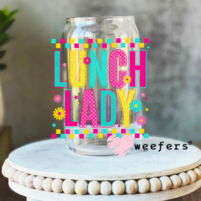 UV DTF Decal - Lunch Lady Magenta Teal 16oz Libbey Glass Original Size Weefers