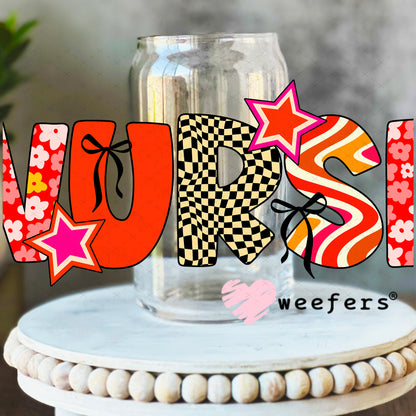 UV DTF Cup Wrap – Nurse Orange Red Checkered 16oz Libbey Glass Original Size Weefers