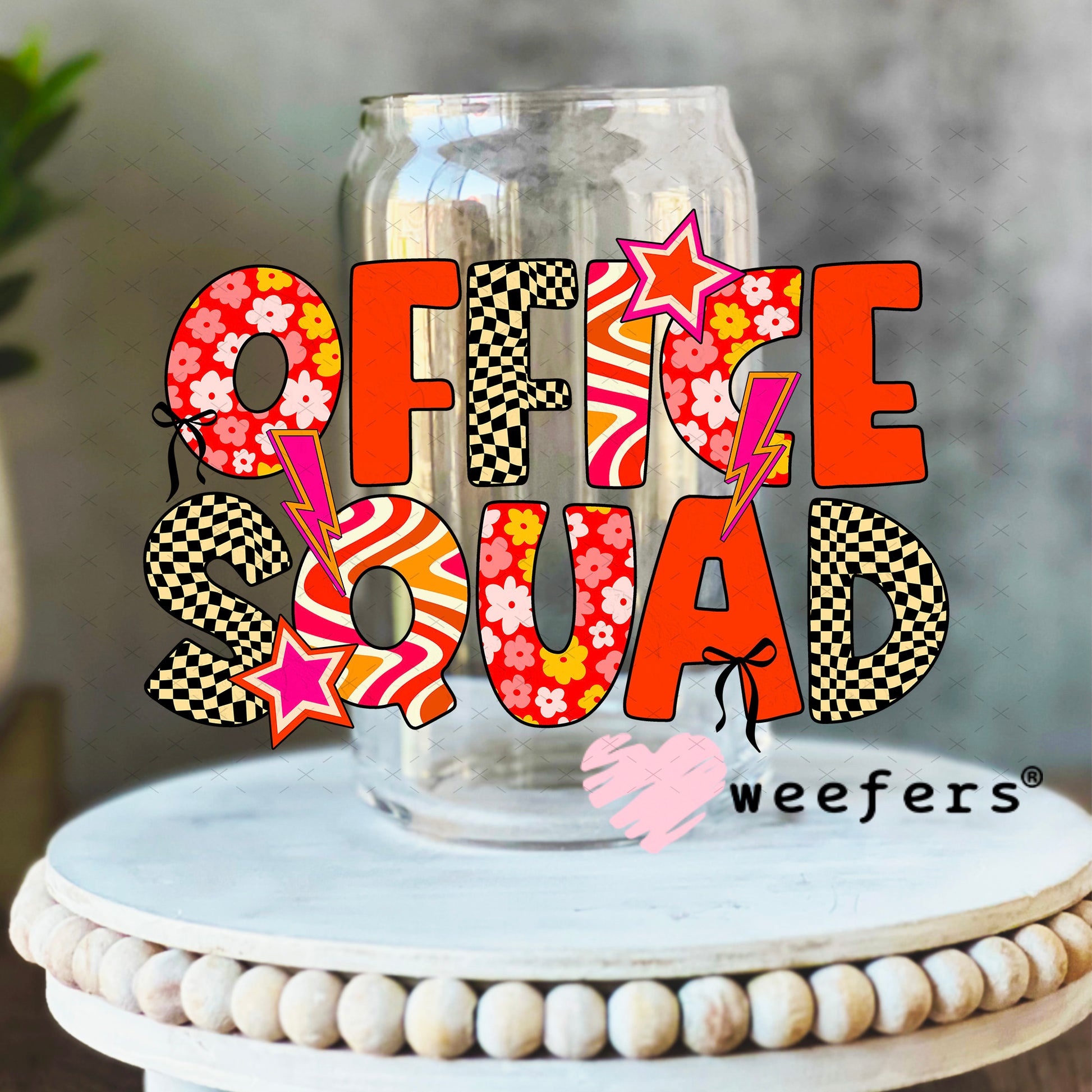 UV DTF Decal - Office Squad Red Orange Checkered 16oz Libbey Glass Original Size Weefers