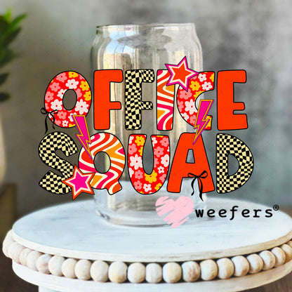 UV DTF Decal - Office Squad Red Orange Checkered 16oz Libbey Glass Original Size Weefers