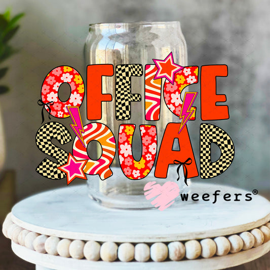 UV DTF Decal - Office Squad Red Orange Checkered 16oz Libbey Glass Original Size Weefers