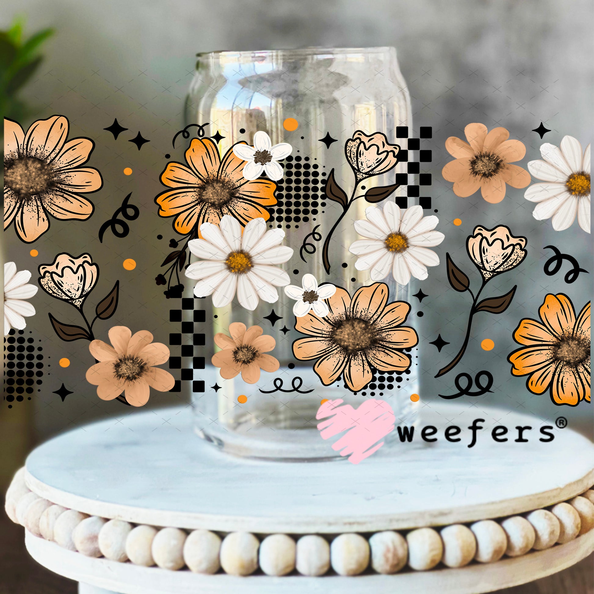 UV DTF Cup Wrap – Flowers Beige Light Orange 16oz Libbey Glass Original Size Weefers