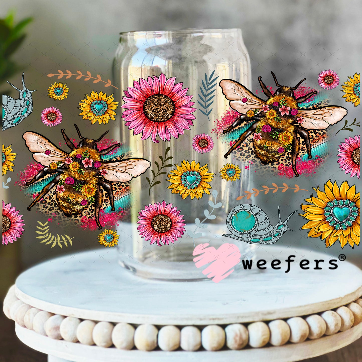 UV DTF Cup Wrap – Whimsical Pink Teal Bees - Weefers Exclusive 16oz Libbey Glass Original Size Weefers