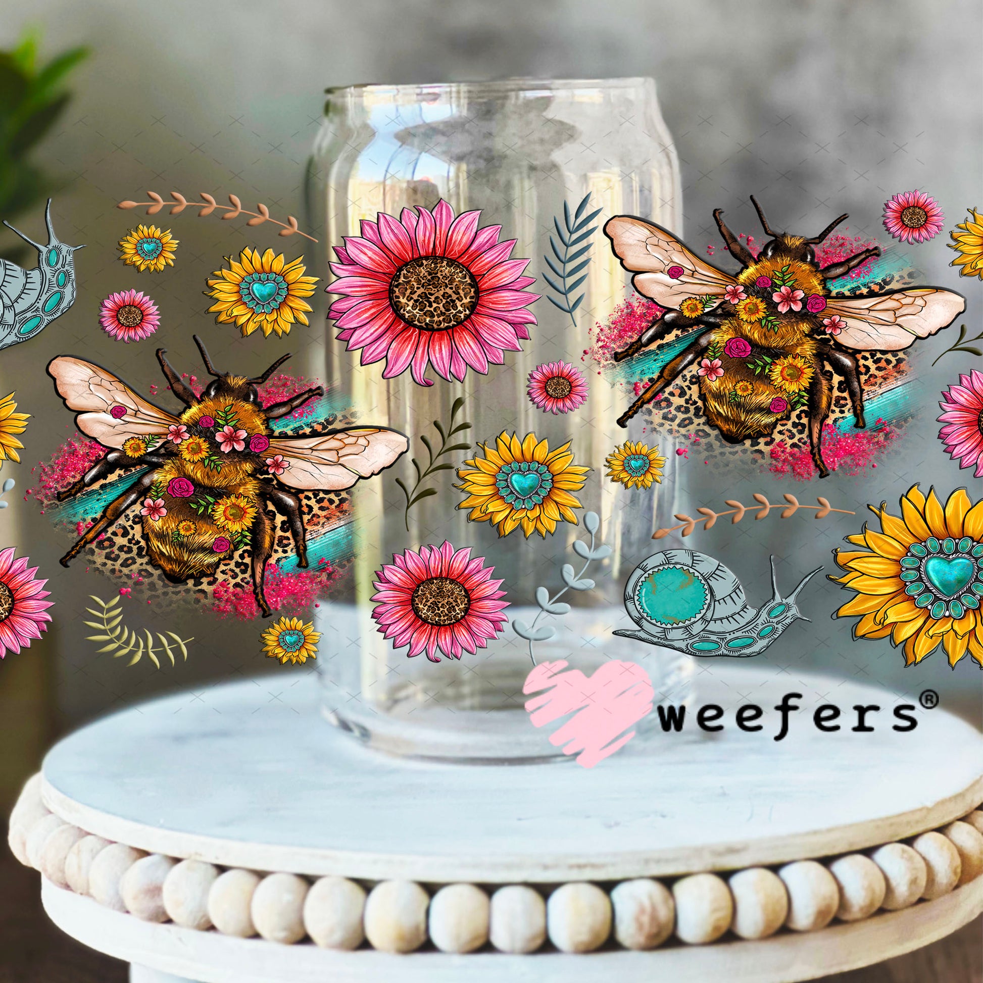 UV DTF Cup Wrap – Whimsical Pink Teal Bees - Weefers® Exclusive 16oz Libbey Glass Original Size Cup Wrap Weefers