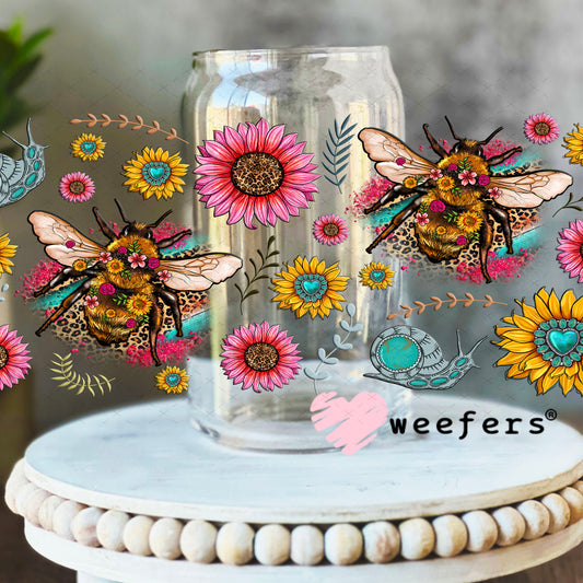 UV DTF Cup Wrap – Whimsical Pink Teal Bees - Weefers® Exclusive 16oz Libbey Glass Original Size Cup Wrap Weefers