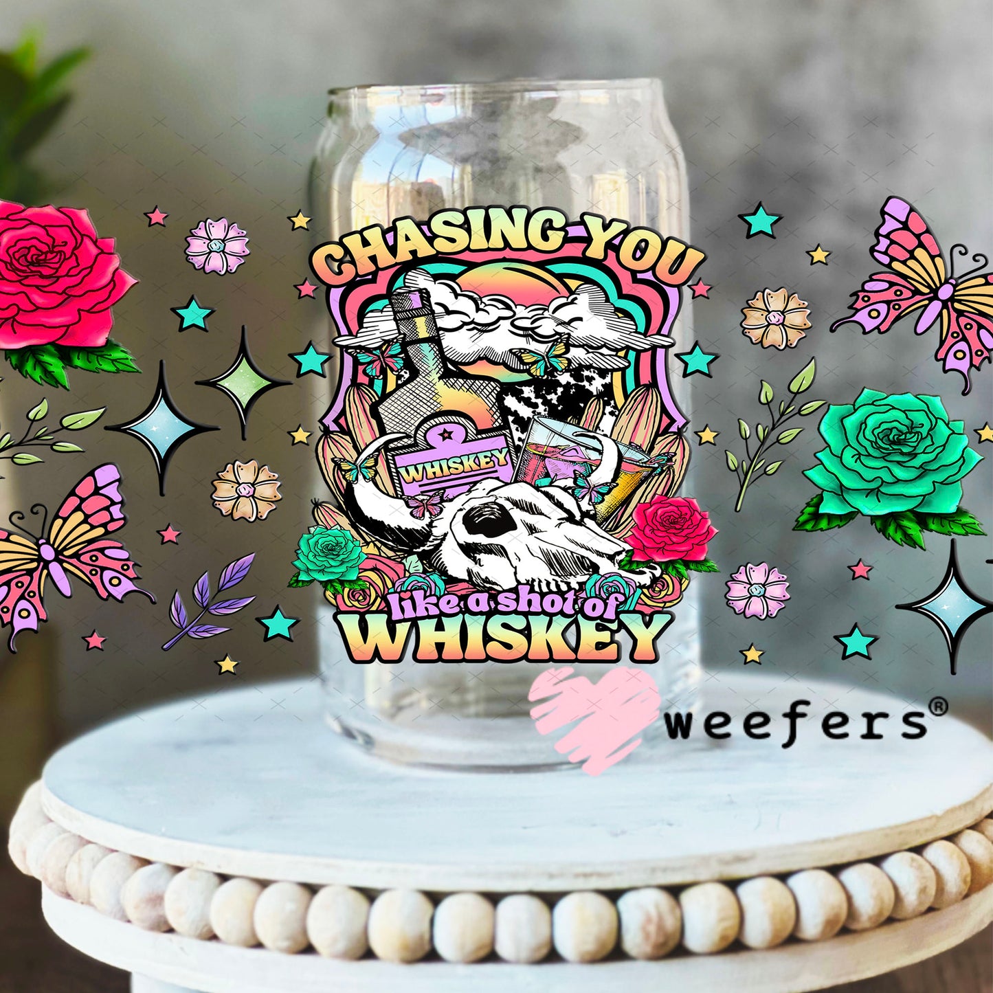 UV DTF Cup Wrap – Chasing you Like a Shot of Whiskey - Weefers Exclusive 16oz Libbey Glass Original Size Cup Wrap Weefers
