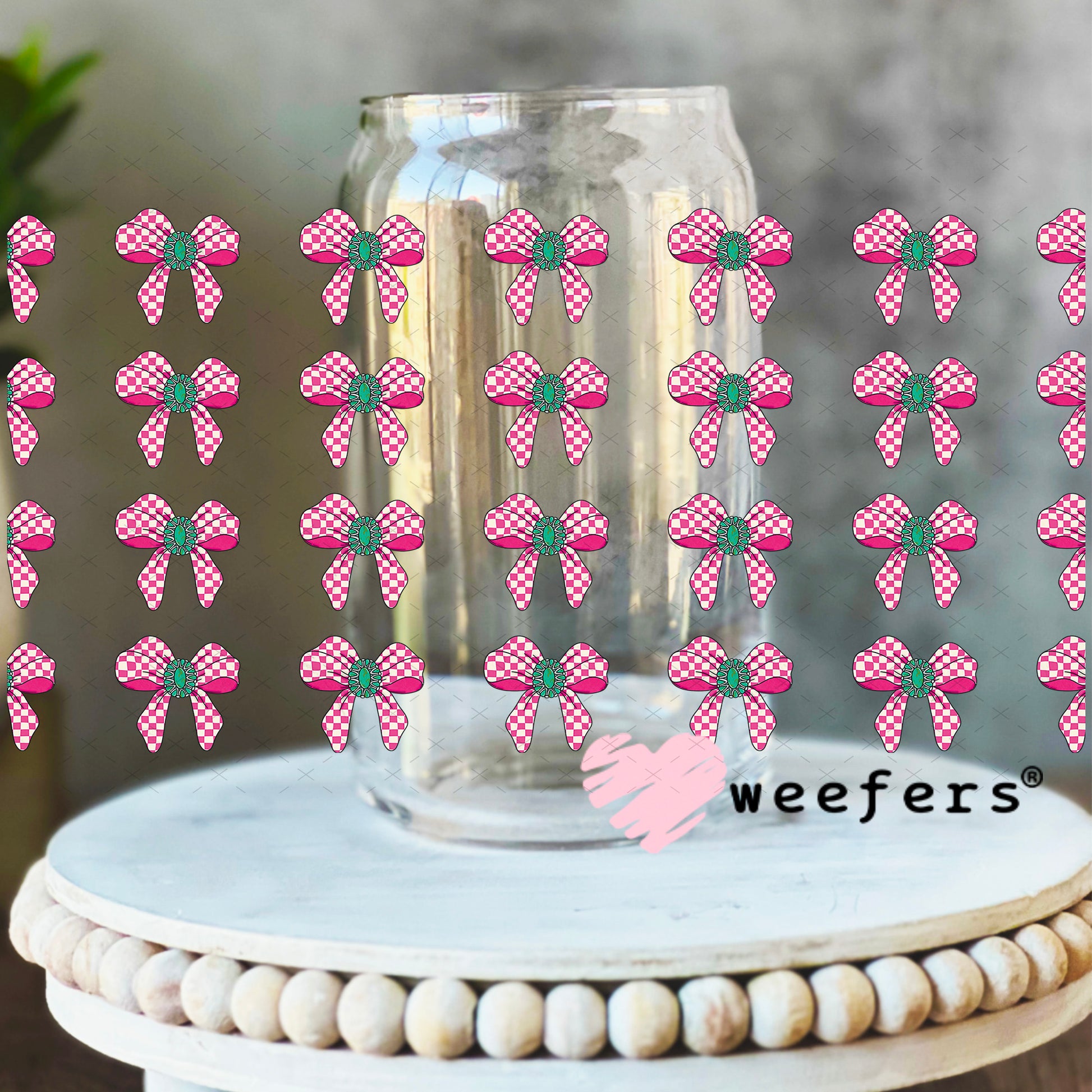 UV DTF Cup Wrap – Western Pink Checkered Bow Elements - Weefers Exclusive 16oz Libbey Glass Original Size Weefers