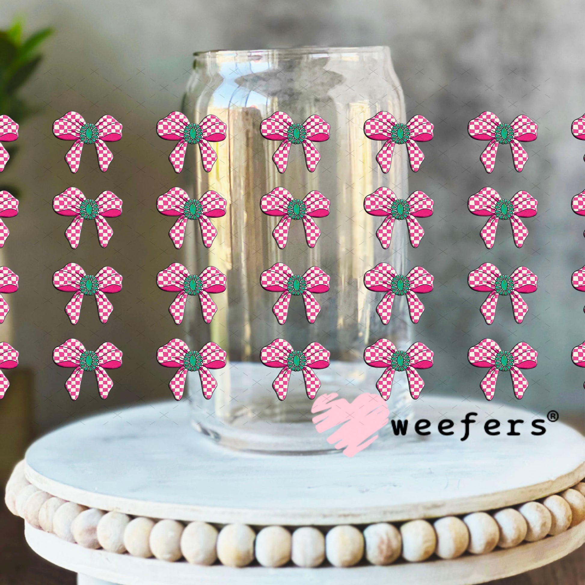 UV DTF Cup Wrap – Western Pink Checkered Bow Elements - Weefers Exclusive 16oz Libbey Glass Original Size Cup Wrap Weefers
