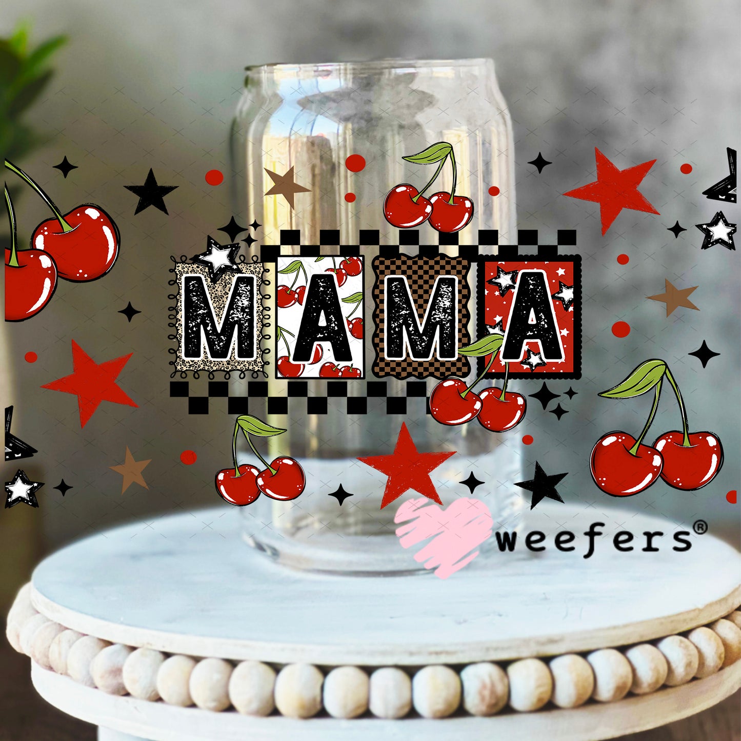 UV DTF Cup Wrap – Mama Red Cherries 16oz Libbey Glass Original Size Weefers