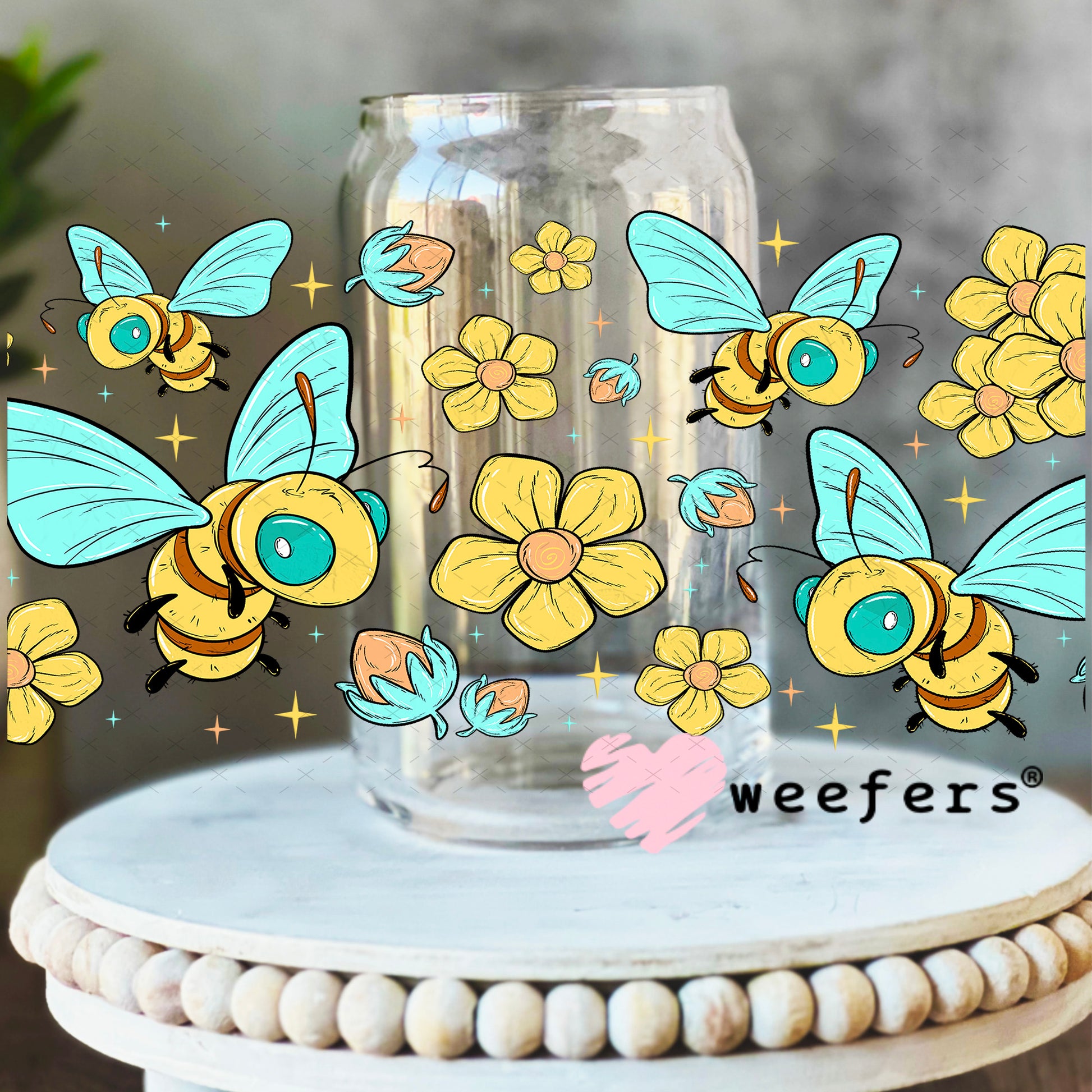 UV DTF Cup Wrap – Whimsical Teal and Yellow Bees 16oz Libbey Glass Original Size Weefers