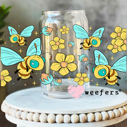 UV DTF Cup Wrap – Whimsical Teal and Yellow Bees 16oz Libbey Glass Original Size Weefers