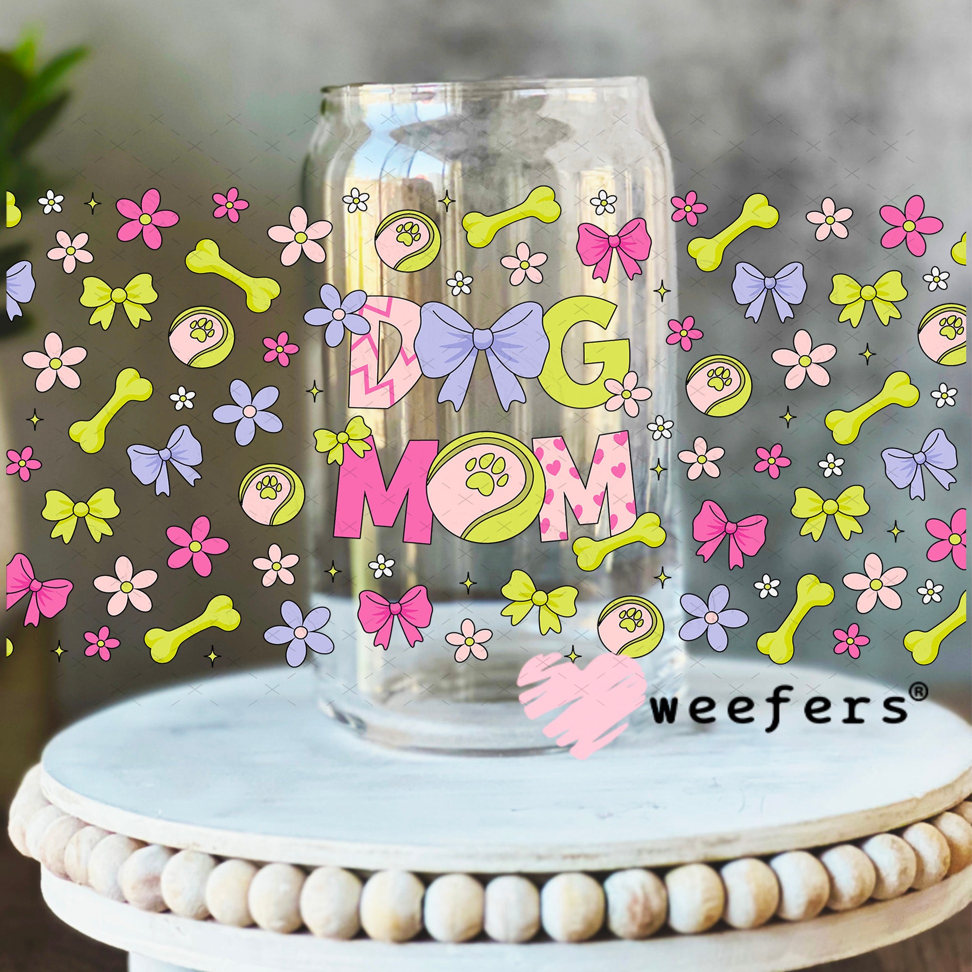 UV DTF Cup Wrap – Dog Mom Green and Fuchsia 16oz Libbey Glass Original Size Weefers
