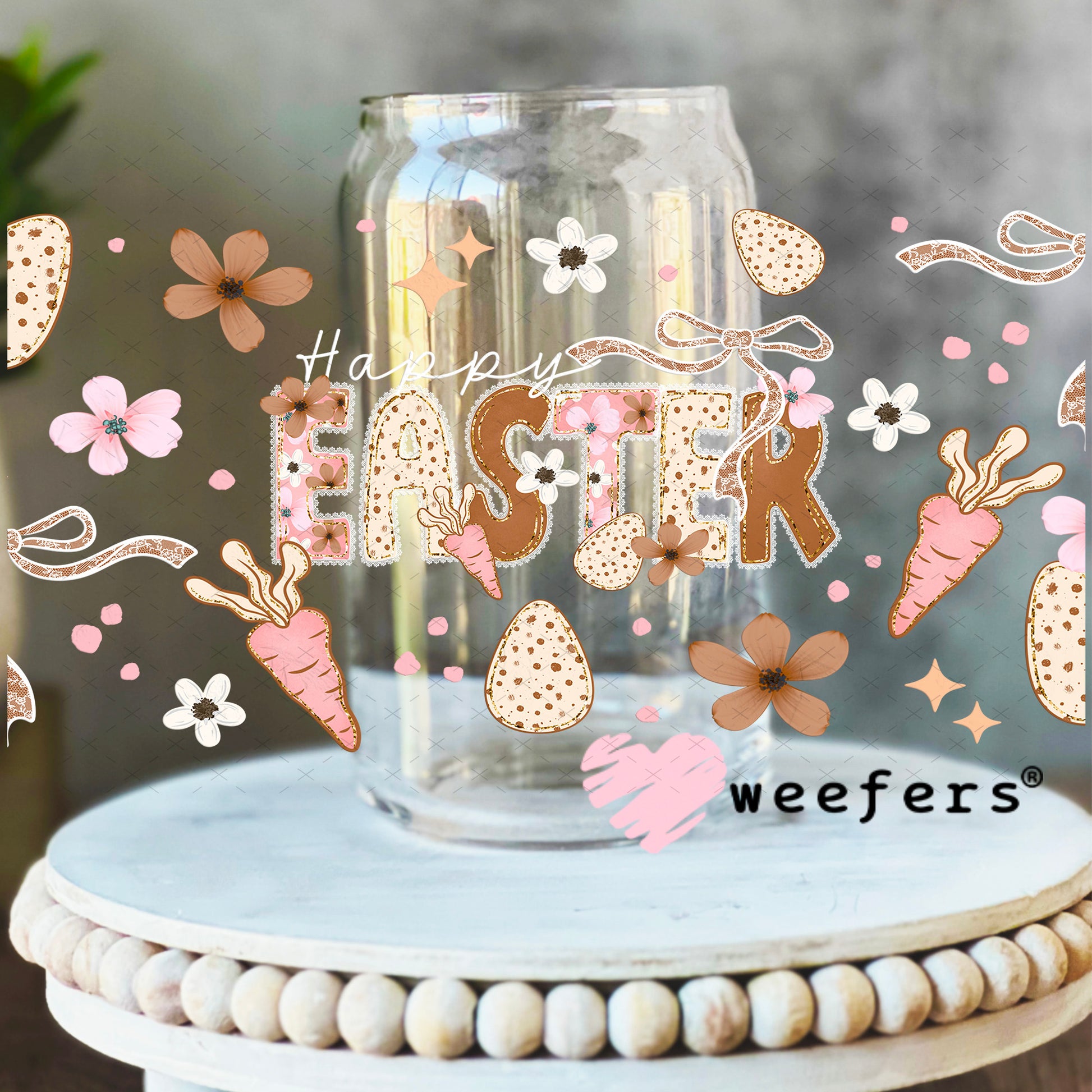 UV DTF Cup Wrap – Happy Easter Neutral Tones 16oz Libbey Glass Original Size Weefers