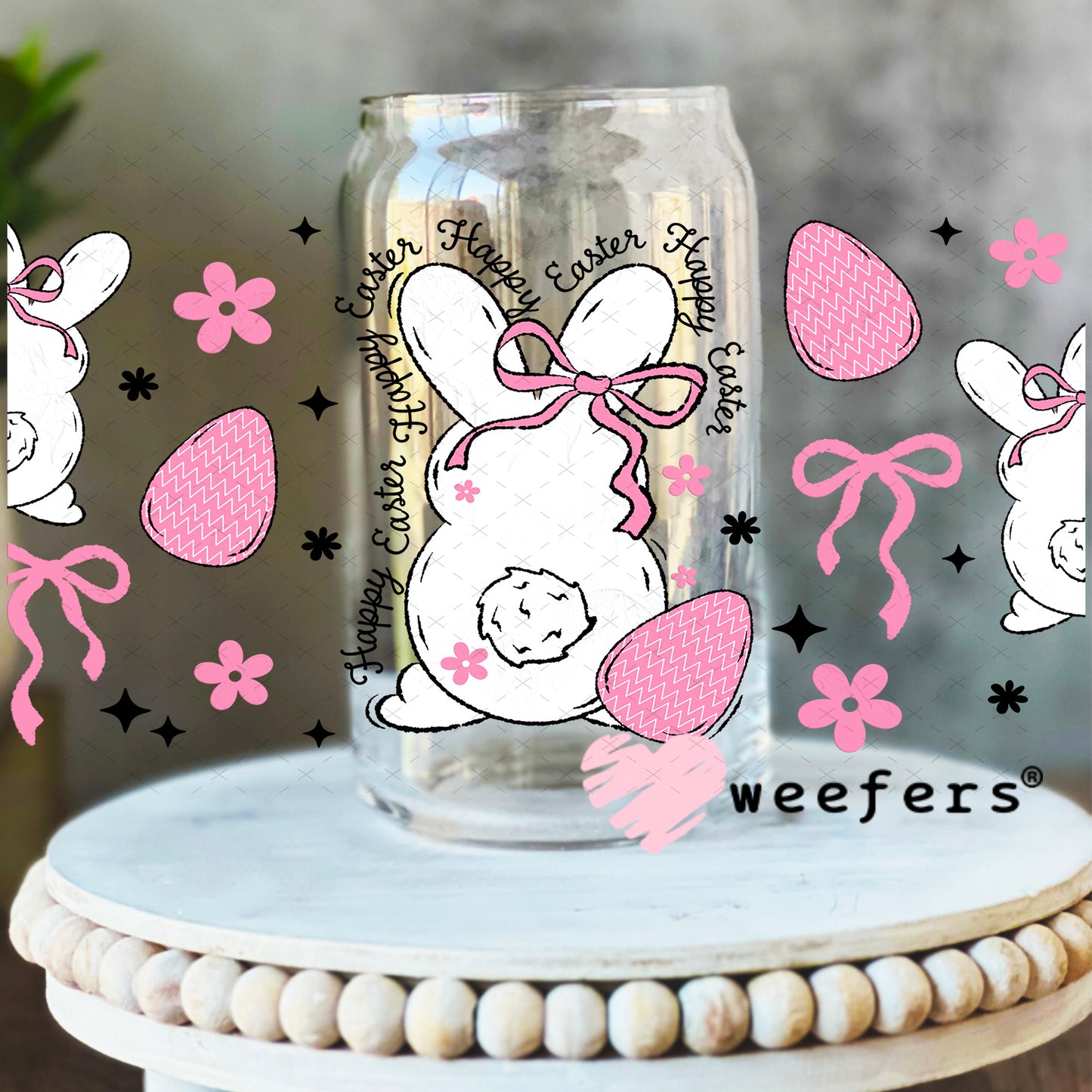 UV DTF Cup Wrap – Happy Easter Bunny Pink and White 16oz Libbey Glass Original Size Weefers
