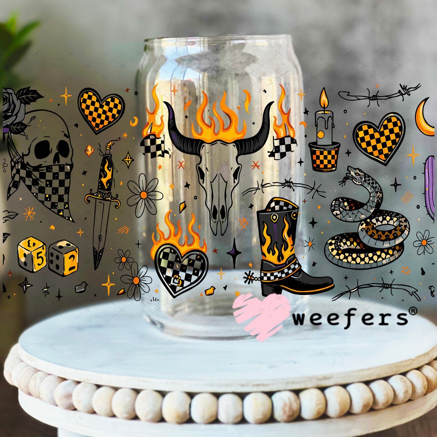 UV DTF Cup Wrap – Western Orange and Black 16oz Libbey Glass Original Size Weefers